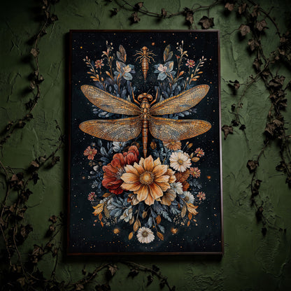 Vintage Botanical Dragonfly Canvas in dark walnut floating frame