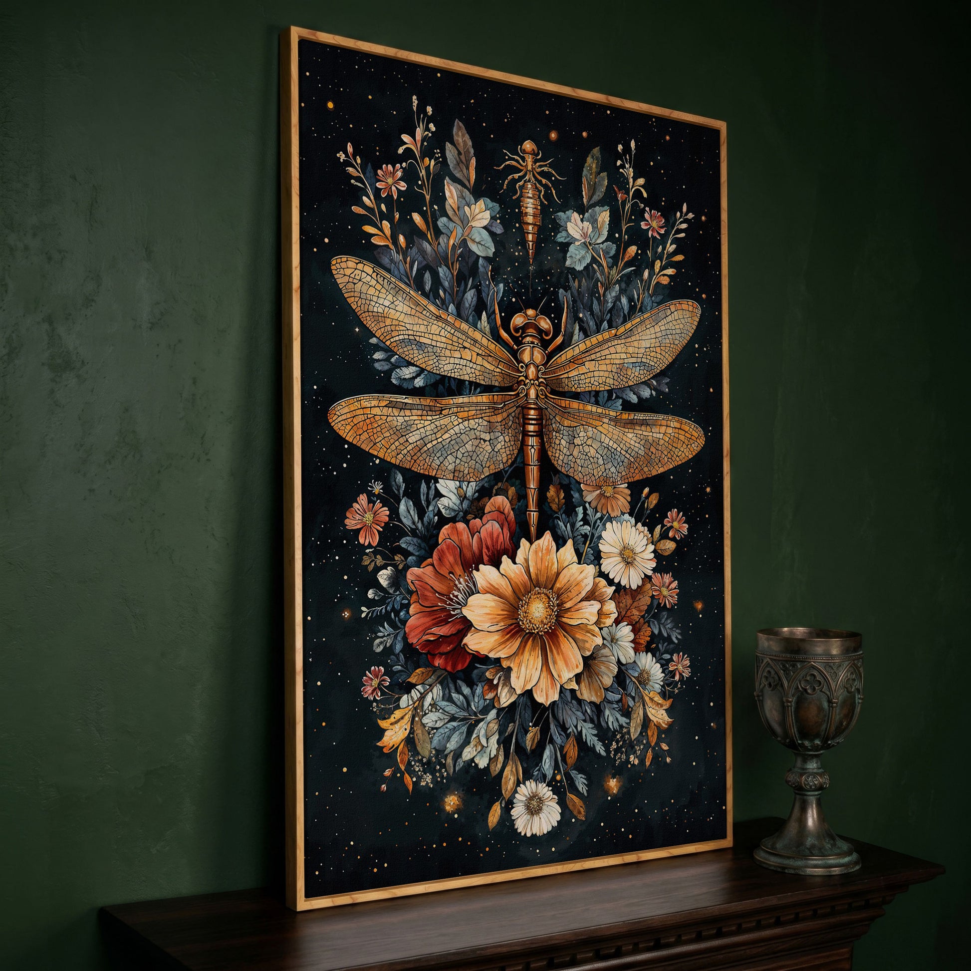 Vintage Botanical Dragonfly Canvas in white oak floating frame