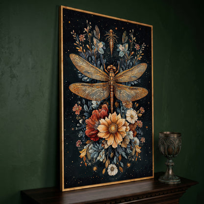Vintage Botanical Dragonfly Canvas in white oak floating frame