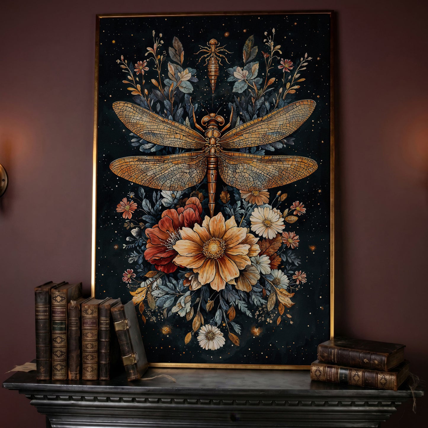 Vintage Botanical Dragonfly Canvas in rose gold floating frame