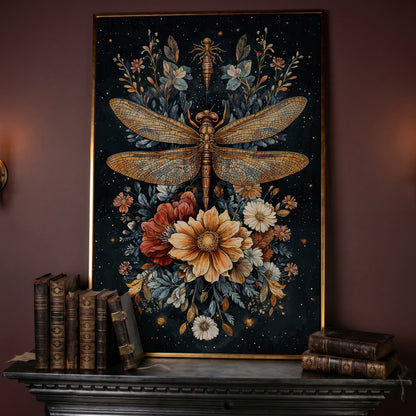 Vintage Botanical Dragonfly Canvas in rose gold floating frame