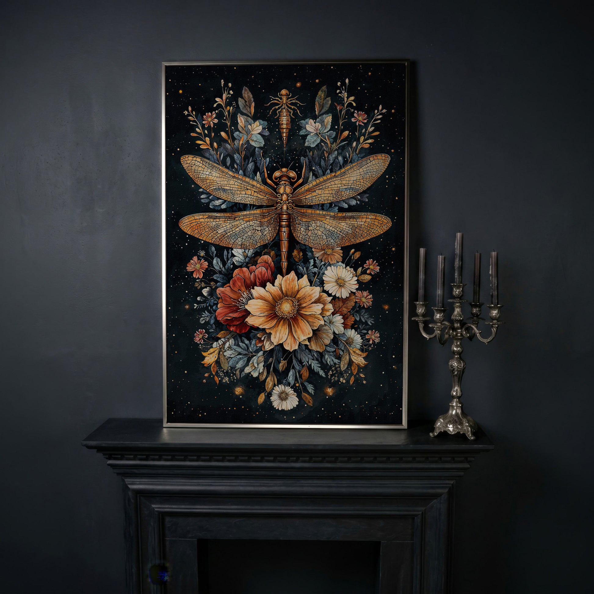 Vintage Botanical Dragonfly Canvas in silver floating frame