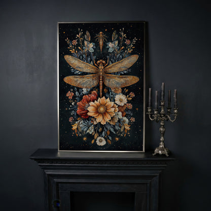 Vintage Botanical Dragonfly Canvas in silver floating frame