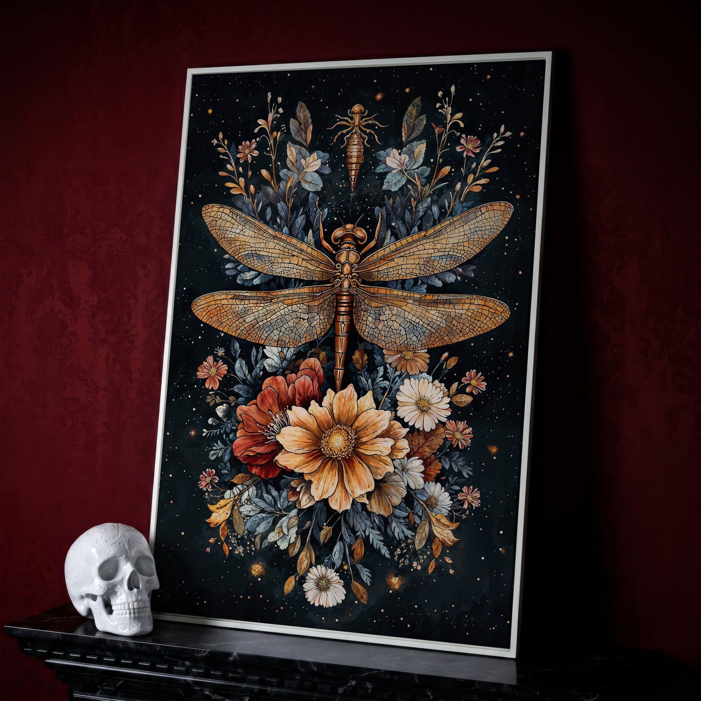 Vintage Botanical Dragonfly Canvas in white floating frame