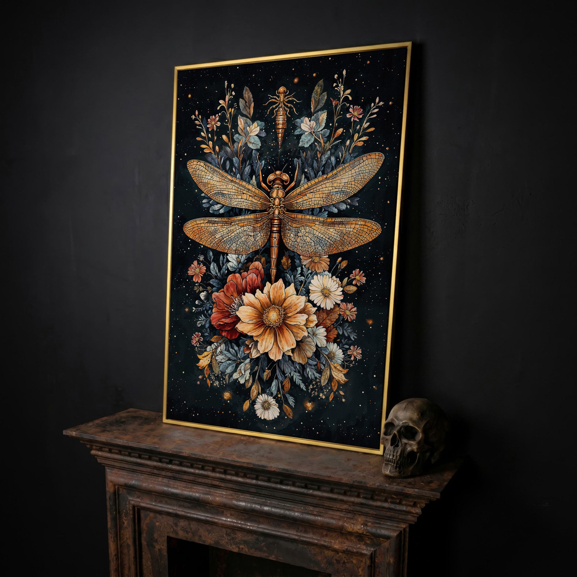 Vintage Botanical Dragonfly Canvas in yellow gold floating frame