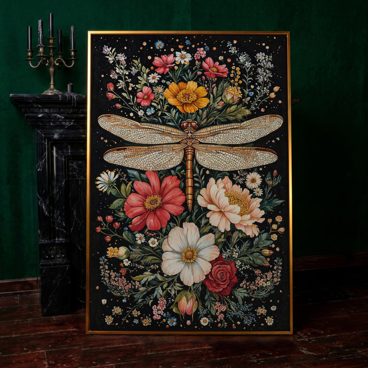 Dragonfly and Floral Canvas Wall Art in antique gold floating frame