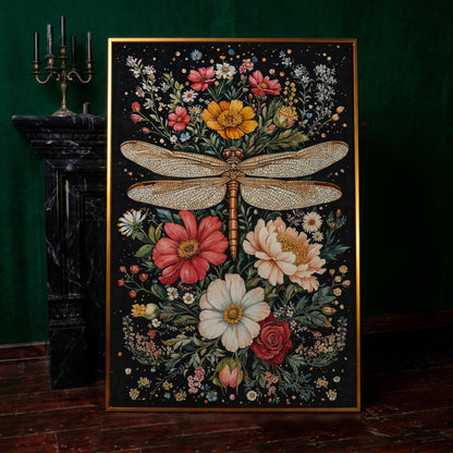 Dragonfly and Floral Canvas Wall Art in antique gold floating frame