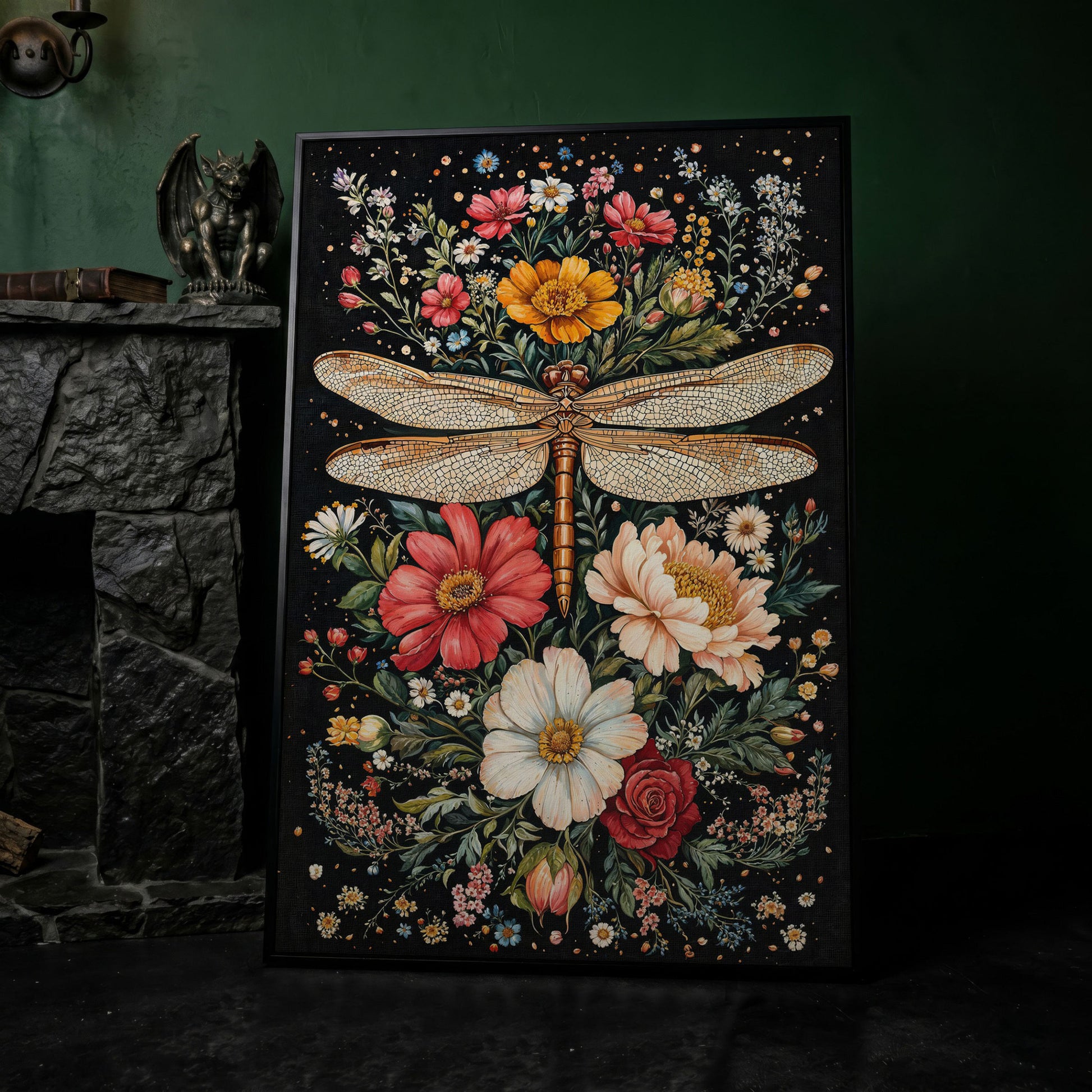 Dragonfly and Floral Canvas Wall Art in black floating frame