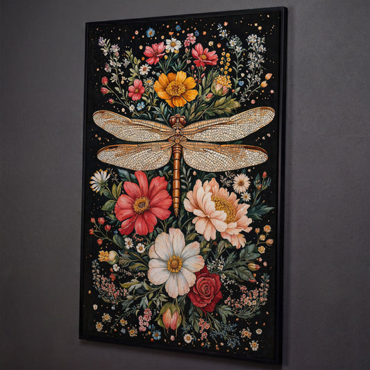 Dragonfly and Floral Canvas Wall Art shown in black floating frame