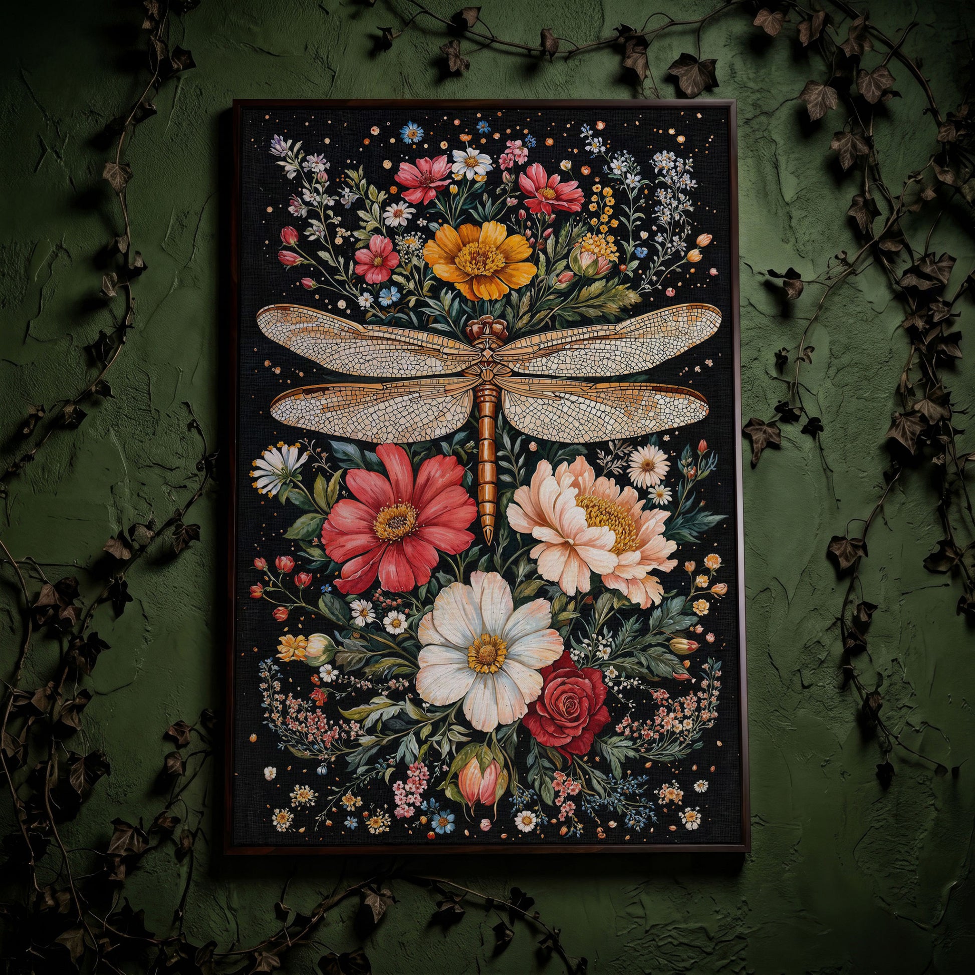 Dragonfly and Floral Canvas Wall Art in dark walnut floating frame
