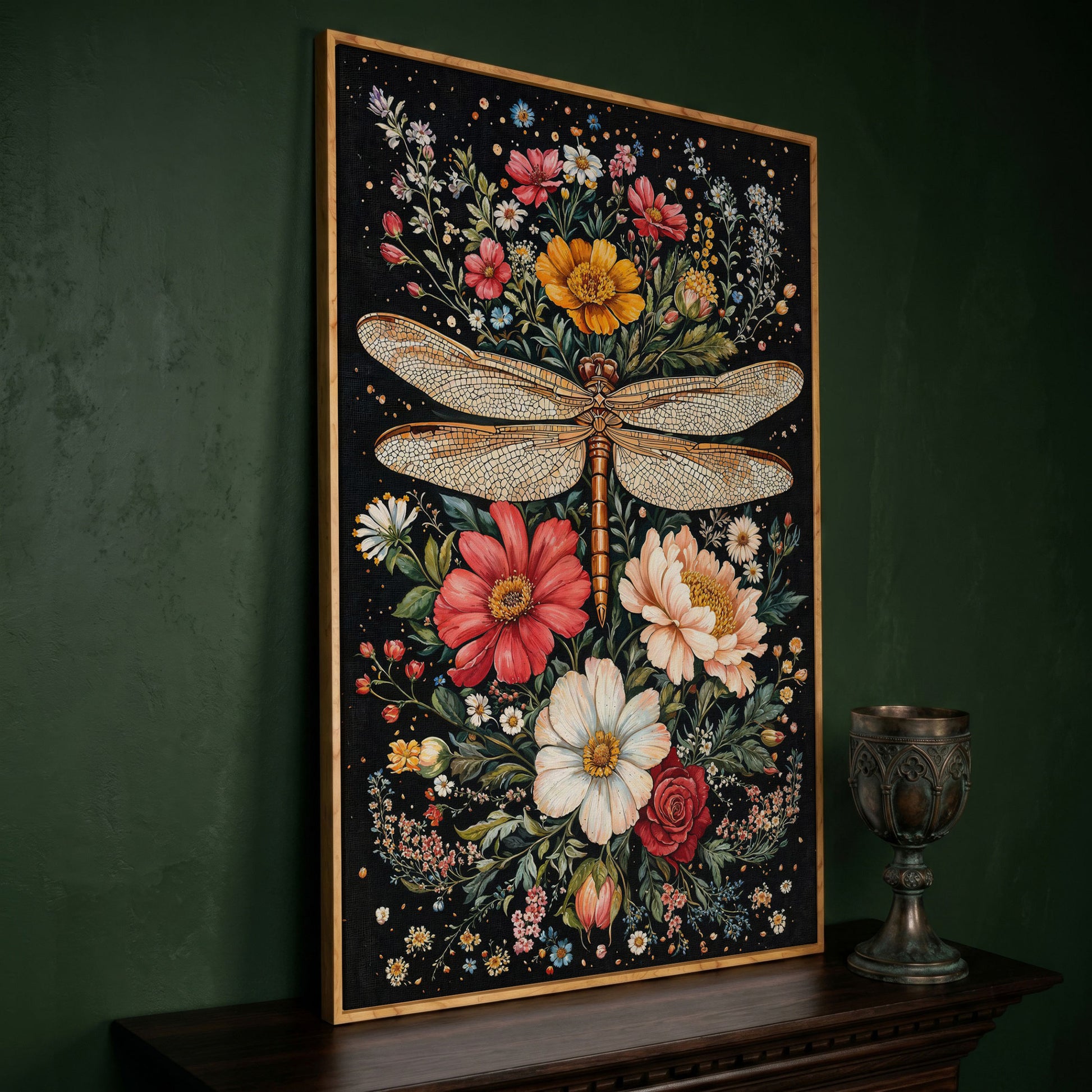 Dragonfly and Floral Canvas Wall Art in white oak floating frame