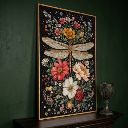 Dragonfly and Floral Canvas Wall Art in white oak floating frame