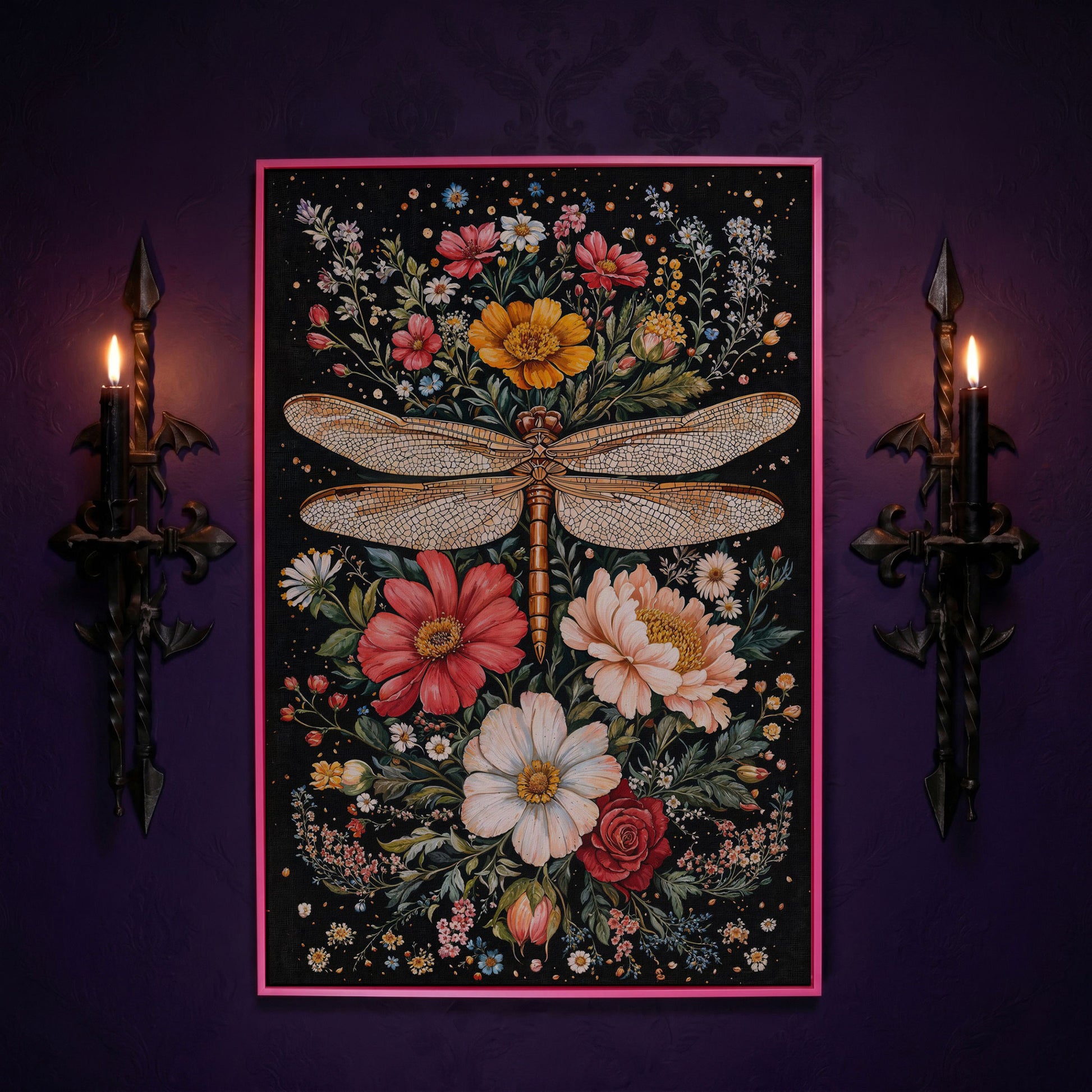 Dragonfly and Floral Canvas Wall Art in pink floating frame