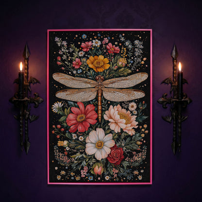 Dragonfly and Floral Canvas Wall Art in pink floating frame