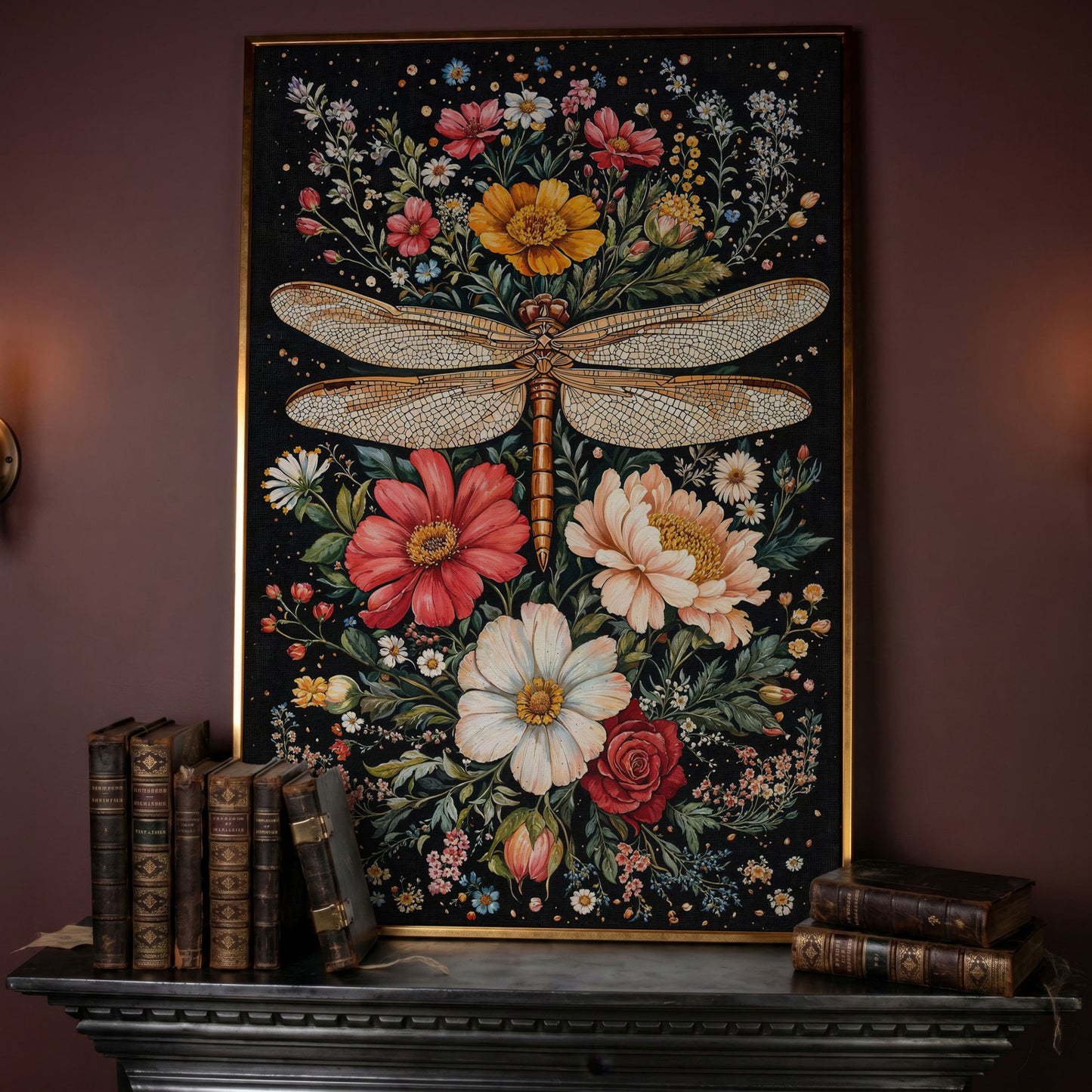 Dragonfly and Floral Canvas Wall Art in rose gold floating frame