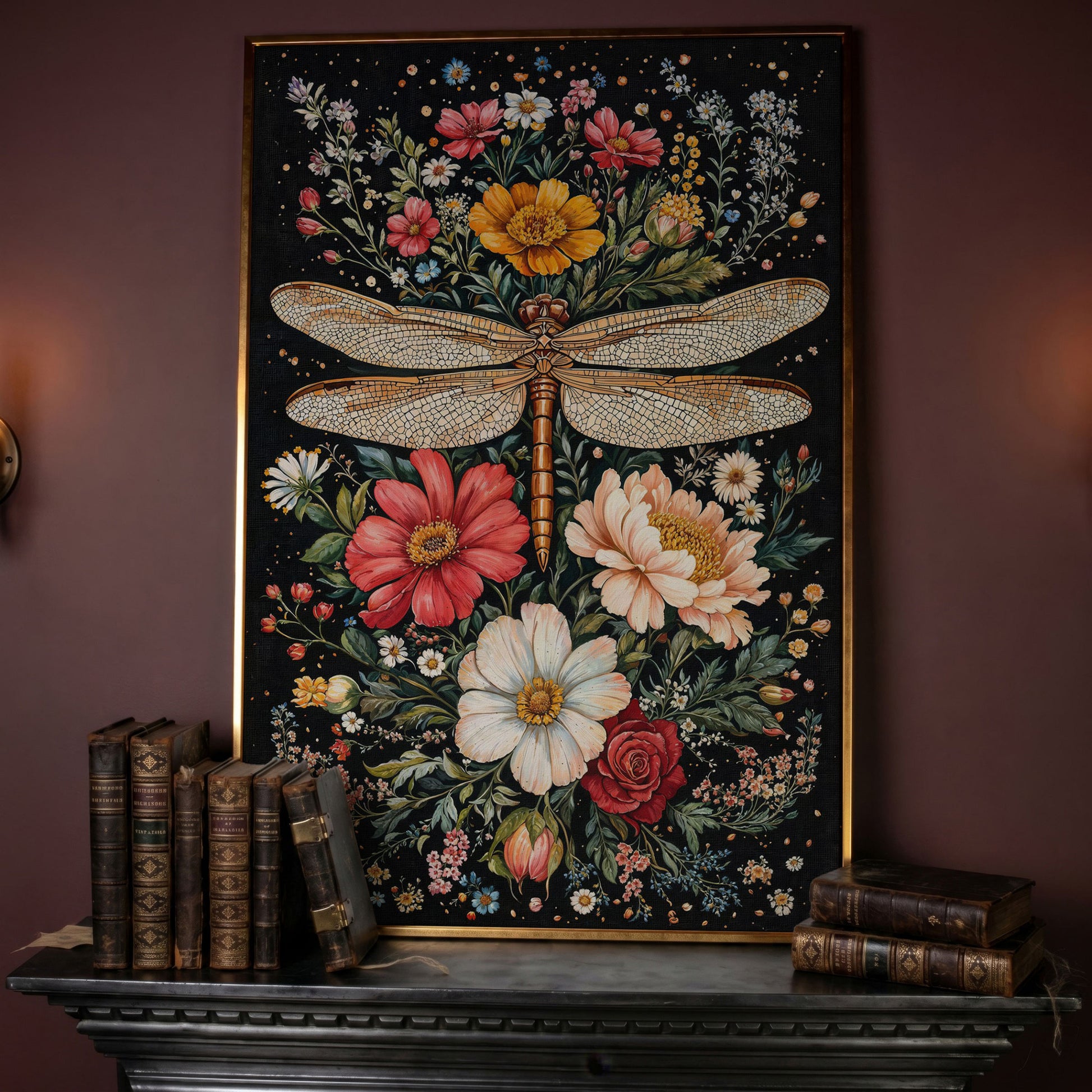 Dragonfly and Floral Canvas Wall Art in rose gold floating frame