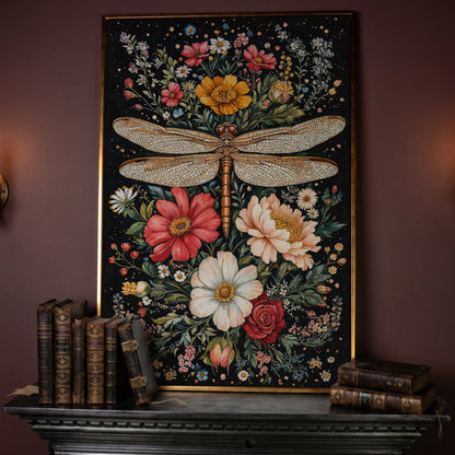 Dragonfly and Floral Canvas Wall Art in rose gold floating frame