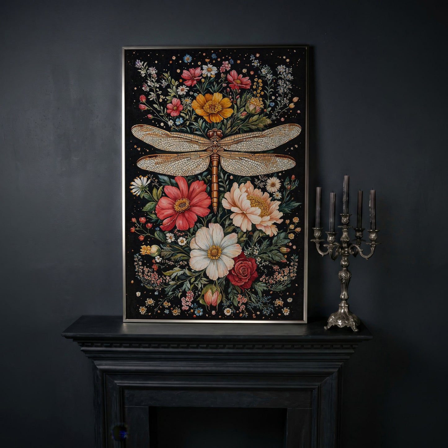 Dragonfly and Floral Canvas Wall Art in silver floating frame