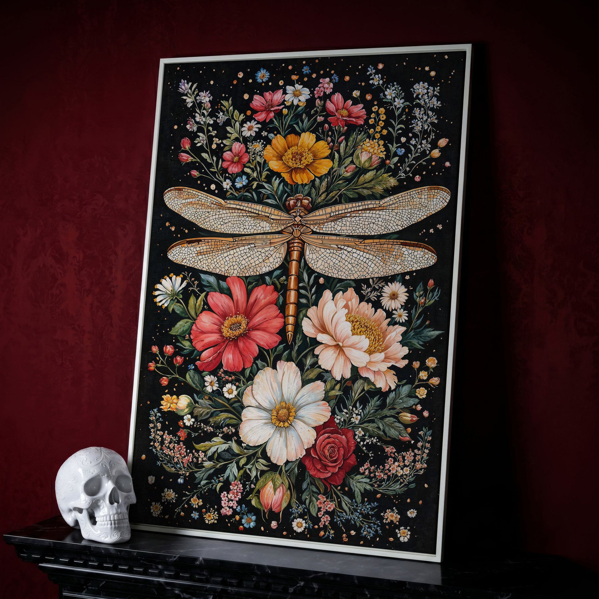 Dragonfly and Floral Canvas Wall Art in white floating frame