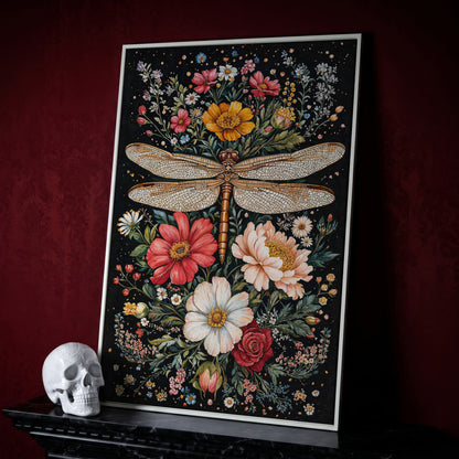 Dragonfly and Floral Canvas Wall Art in white floating frame