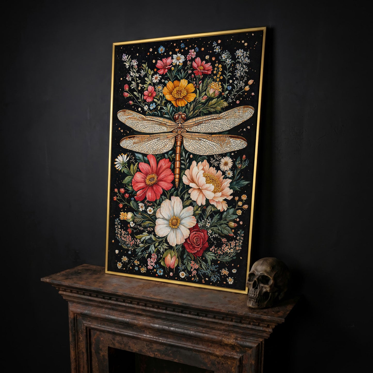 Dragonfly and Floral Canvas Wall Art in yellow gold floating frame