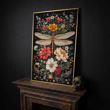 Dragonfly and Floral Canvas Wall Art in yellow gold floating frame