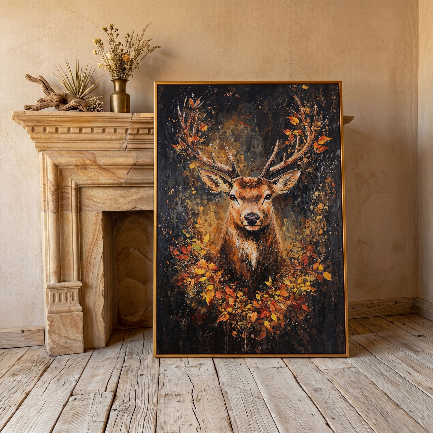 Rustic Deer with Autumn Leaves Canvas in antique gold floating frame