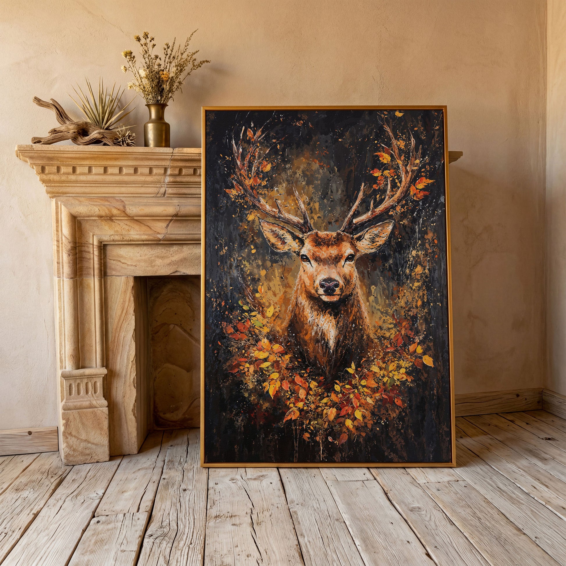 Rustic Deer with Autumn Leaves Canvas in antique gold floating frame