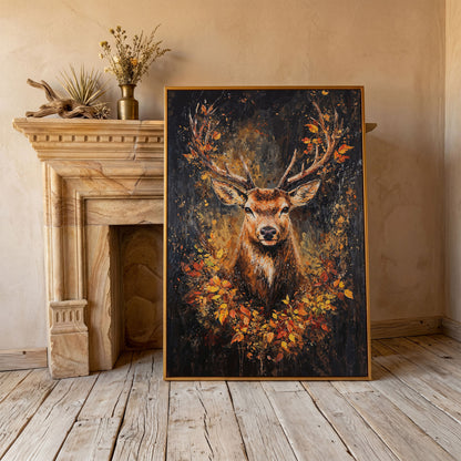Rustic Deer with Autumn Leaves Canvas in antique gold floating frame