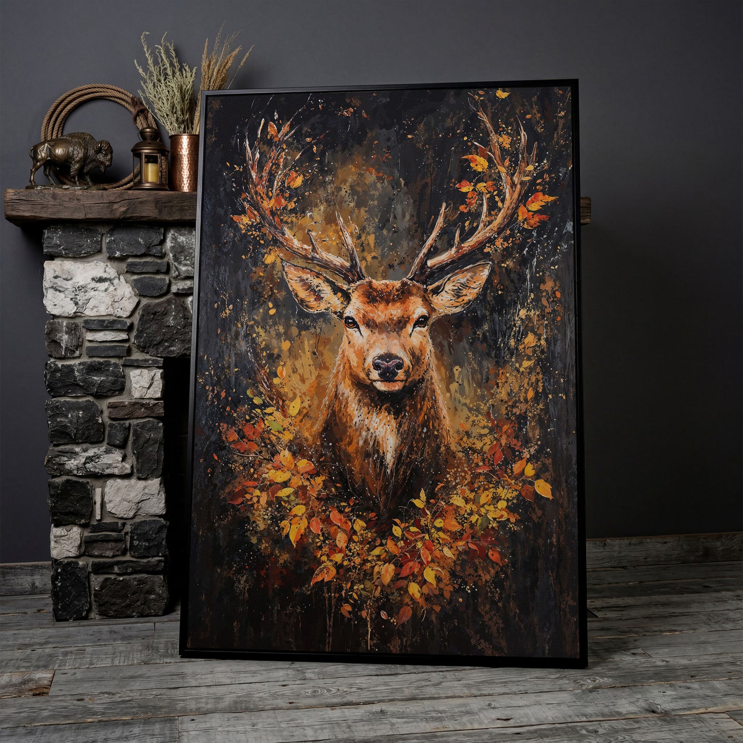 Rustic Deer with Autumn Leaves Canvas in black floating frame