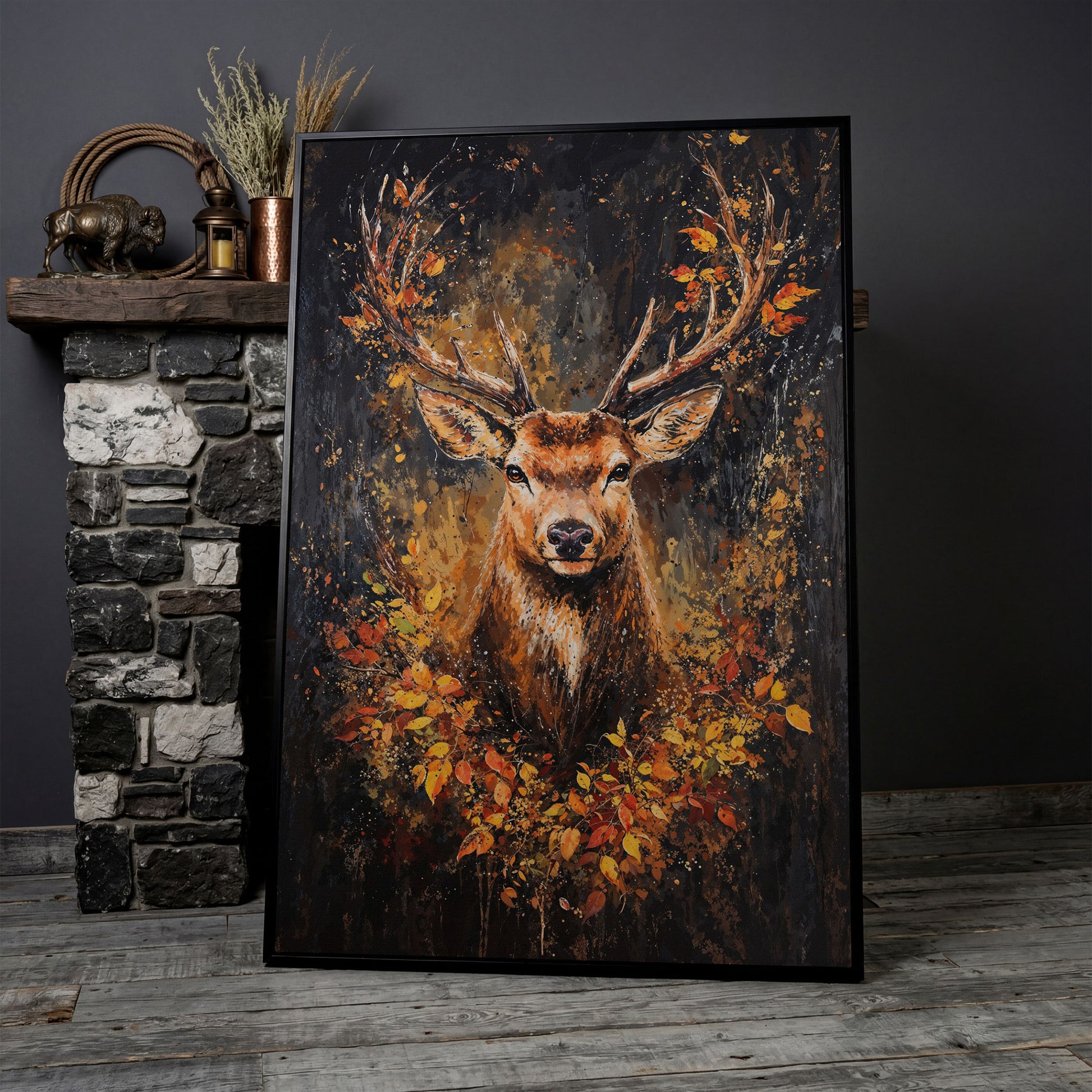 Rustic Deer with Autumn Leaves Canvas in black floating frame