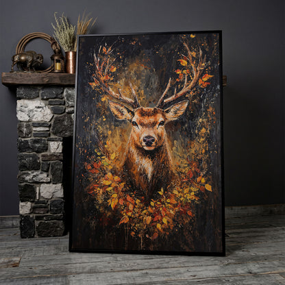 Rustic Deer with Autumn Leaves Canvas in black floating frame