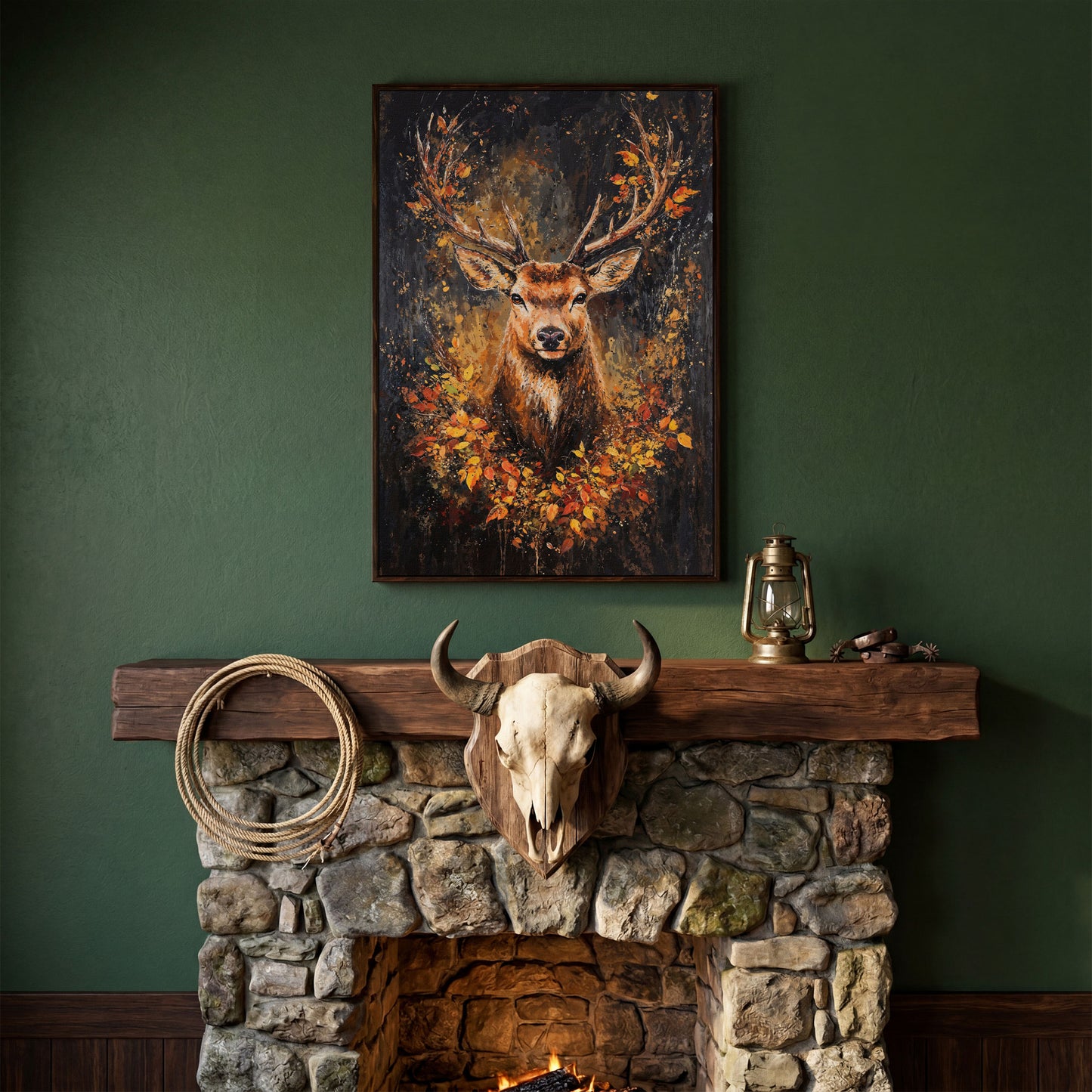 Rustic Deer with Autumn Leaves Canvas in dark walnut floating frame