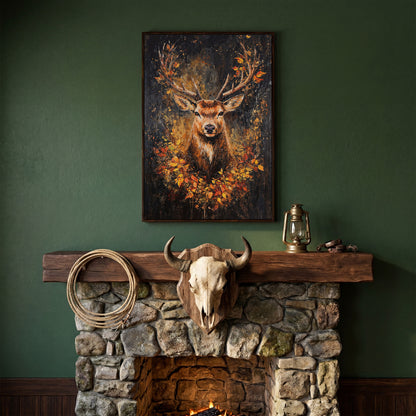 Rustic Deer with Autumn Leaves Canvas in dark walnut floating frame