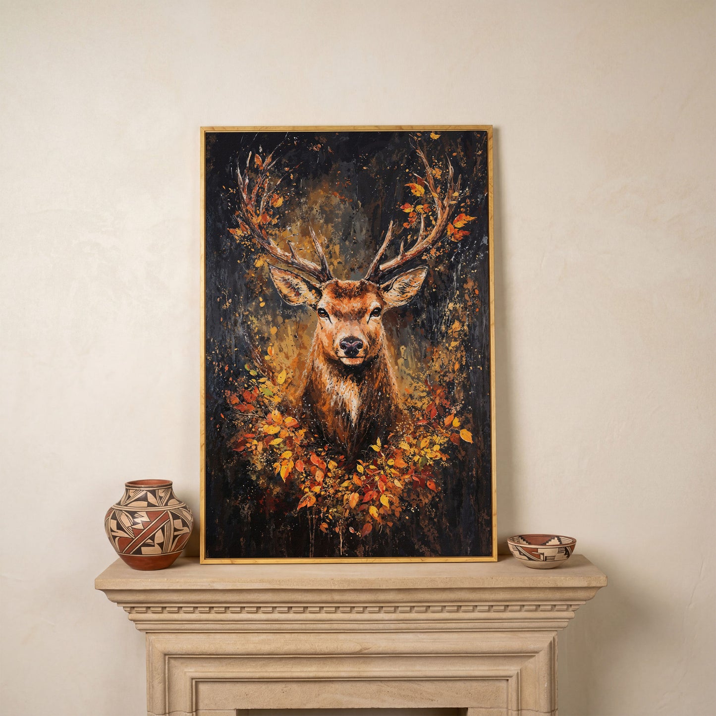 Rustic Deer with Autumn Leaves Canvas in white oak floating frame