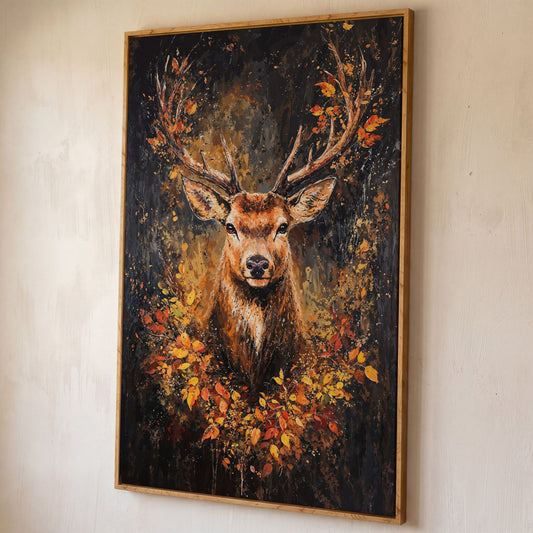 Rustic Deer with Autumn Leaves Canvas shown in white oak floating frame