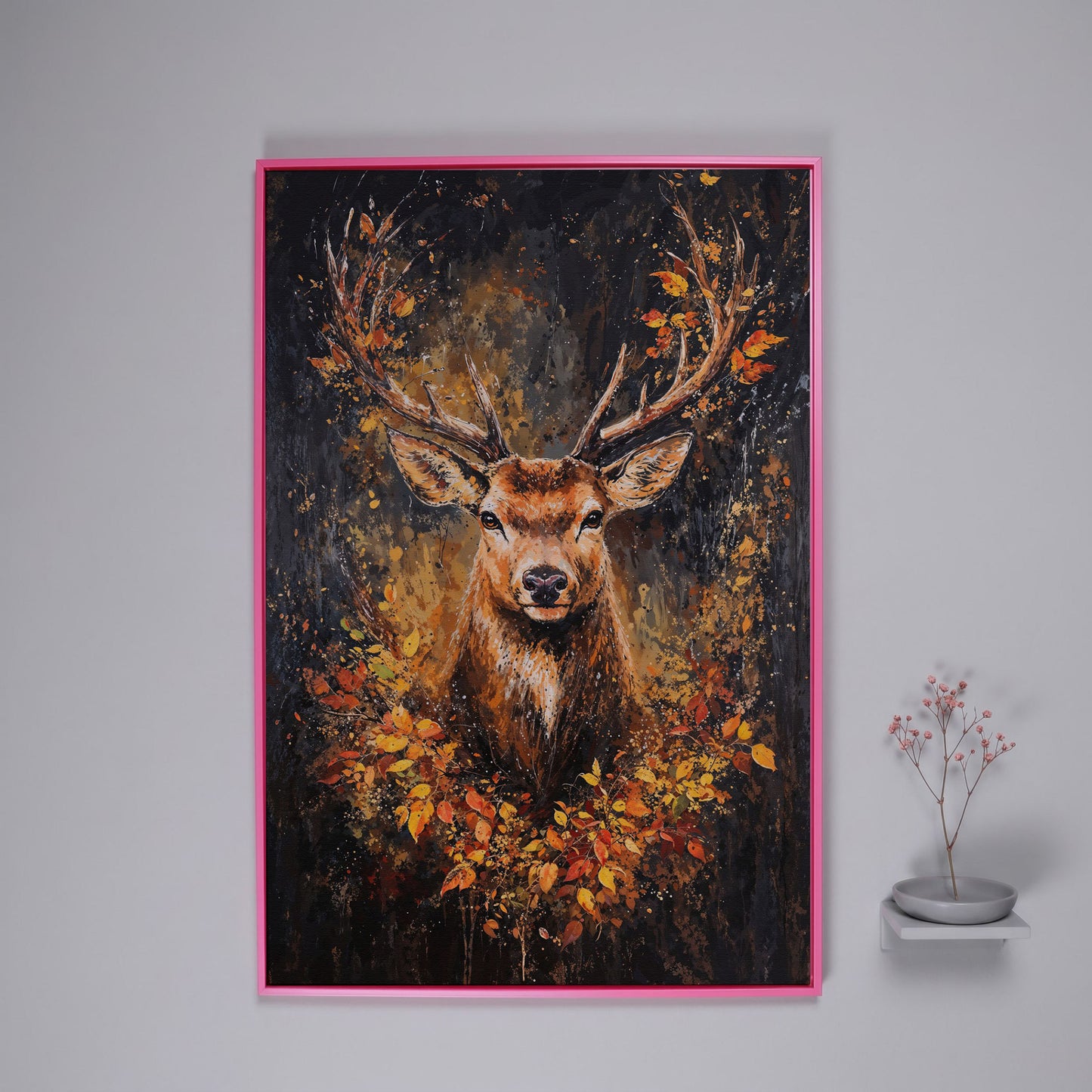 Rustic Deer with Autumn Leaves Canvas in pink floating frame