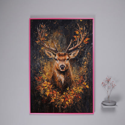Rustic Deer with Autumn Leaves Canvas in pink floating frame