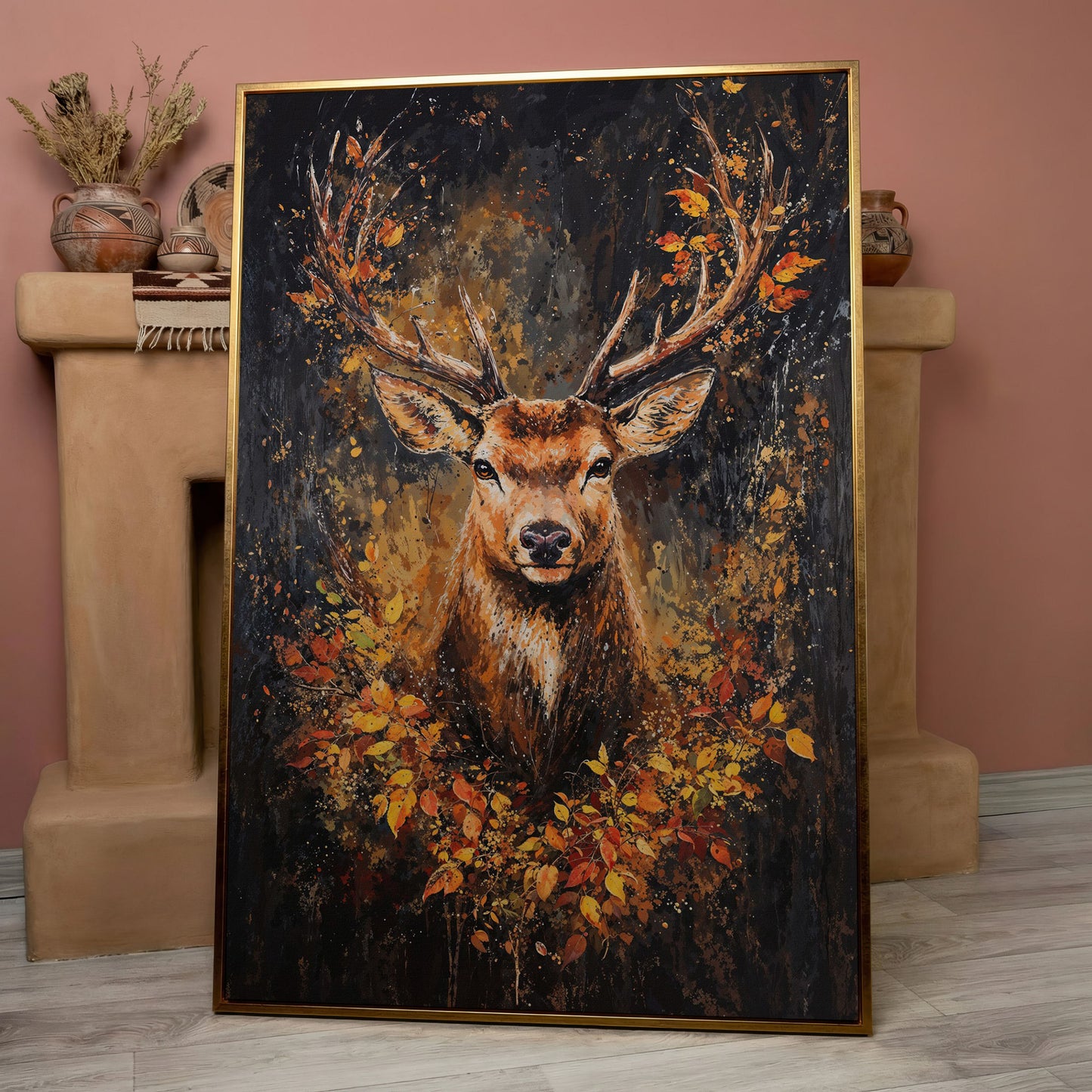 Rustic Deer with Autumn Leaves Canvas in rose gold floating frame