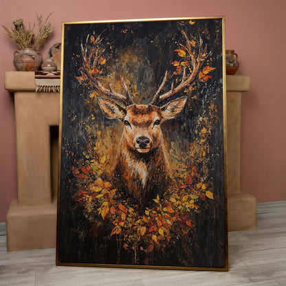 Rustic Deer with Autumn Leaves Canvas in rose gold floating frame