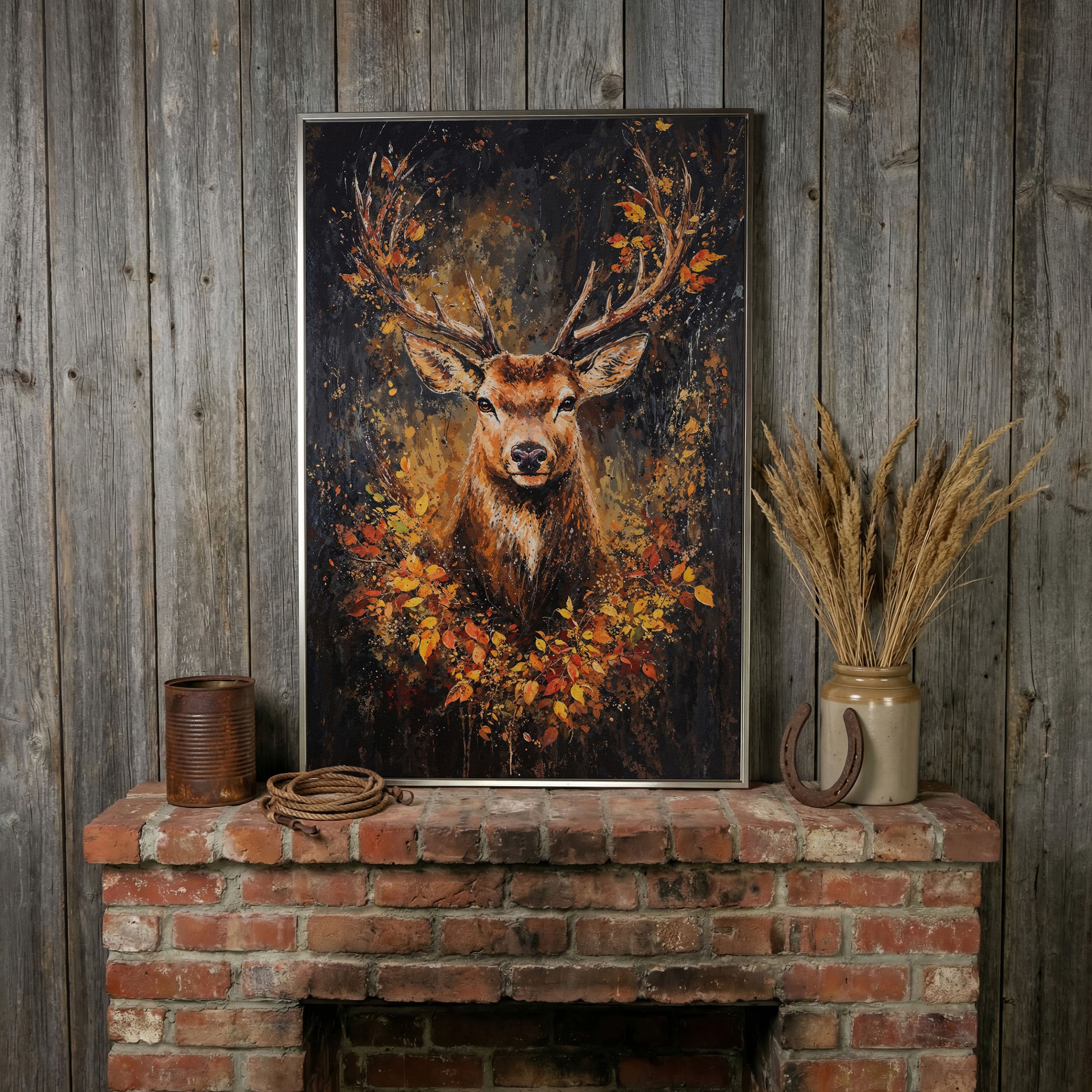 Rustic Deer with Autumn Leaves Canvas in silver floating frame