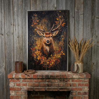 Rustic Deer with Autumn Leaves Canvas in silver floating frame