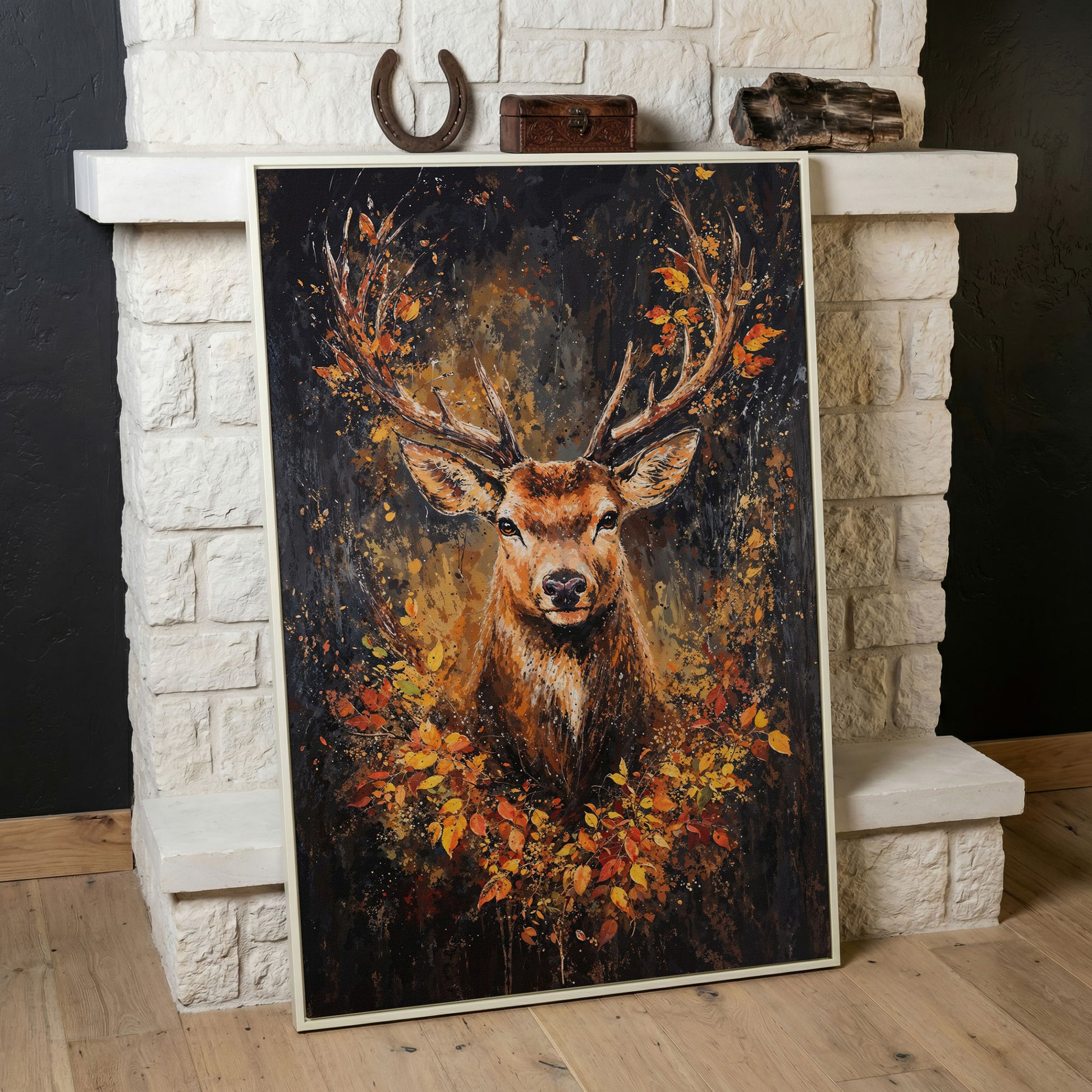 Rustic Deer with Autumn Leaves Canvas in white floating frame