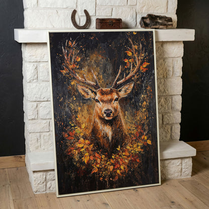 Rustic Deer with Autumn Leaves Canvas in white floating frame
