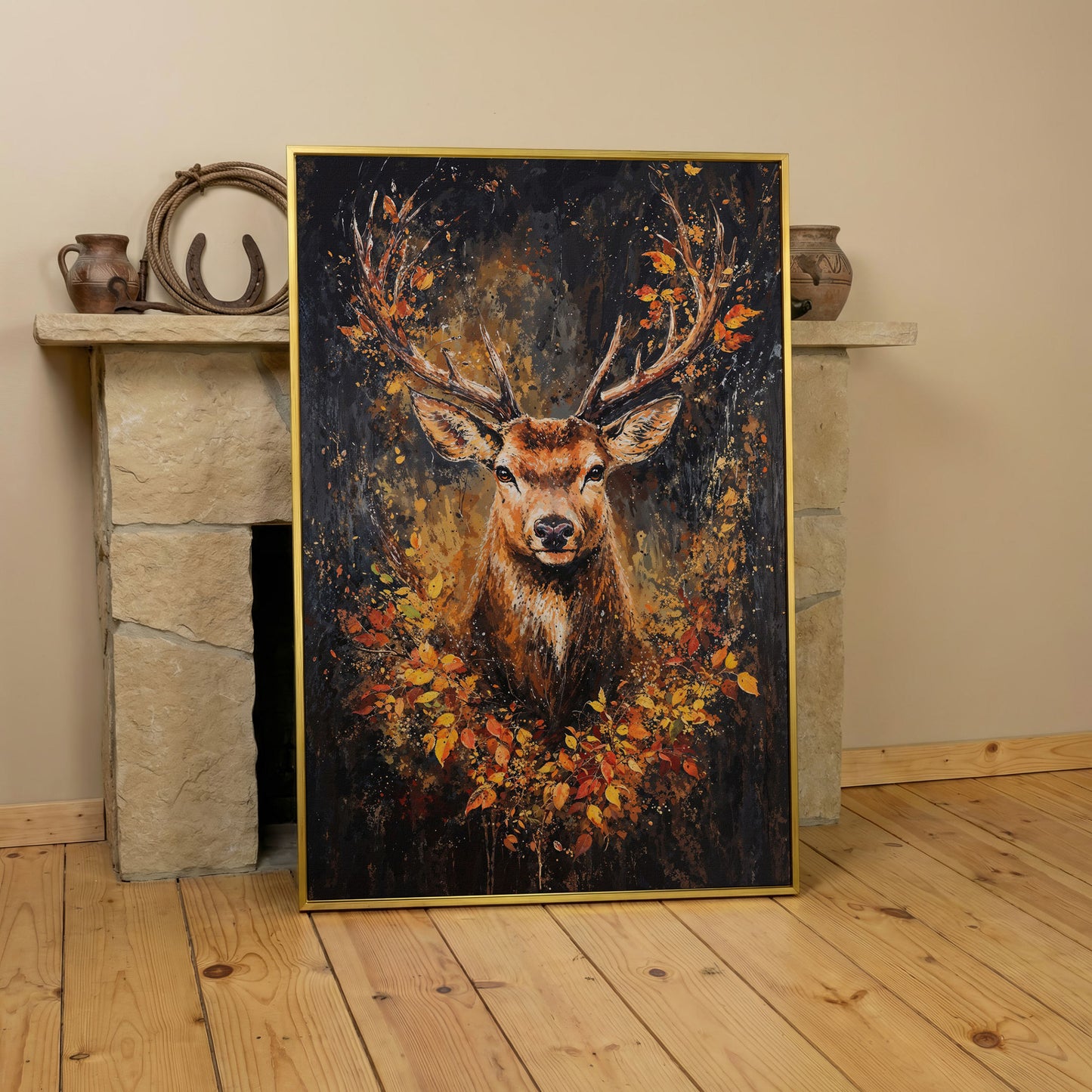 Rustic Deer with Autumn Leaves Canvas in yellow gold floating frame