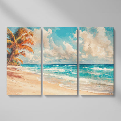 Tropical Beach with Palm Tree Canvas as 3-panel split version