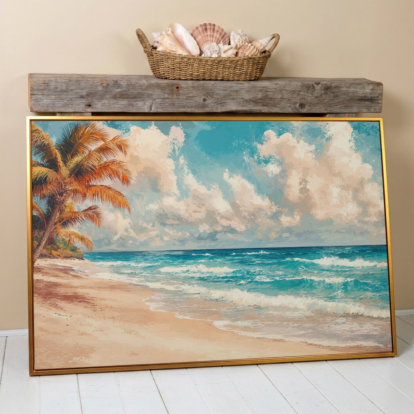 Tropical Beach with Palm Tree Canvas in antique gold floating frame