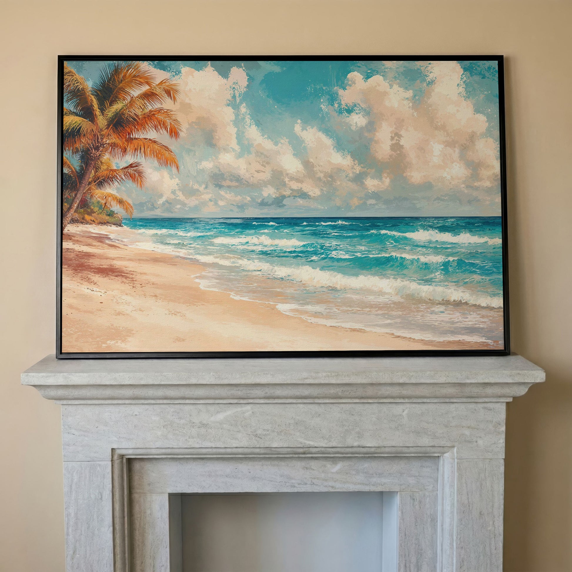 Tropical Beach with Palm Tree Canvas in black floating frame