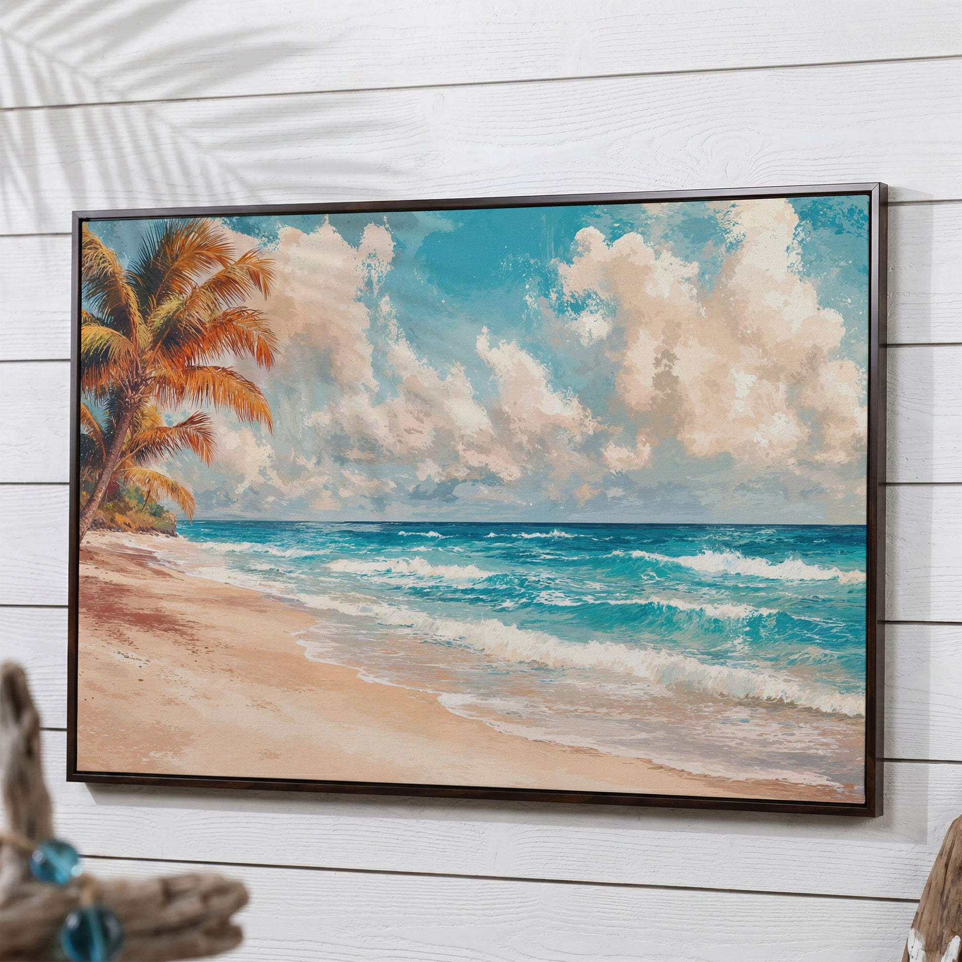 Tropical Beach with Palm Tree Canvas in dark walnut floating frame