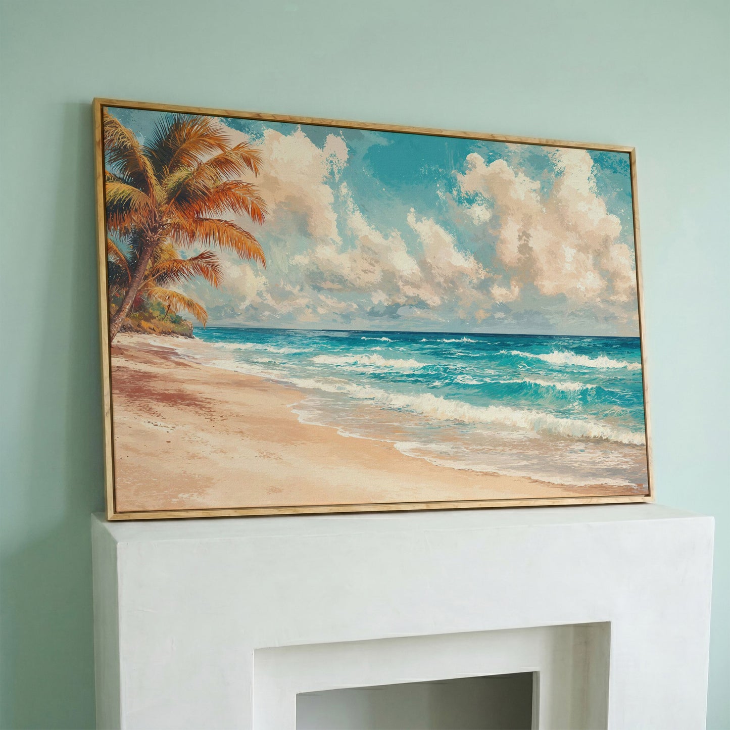 Tropical Beach with Palm Tree Canvas in white oak floating frame